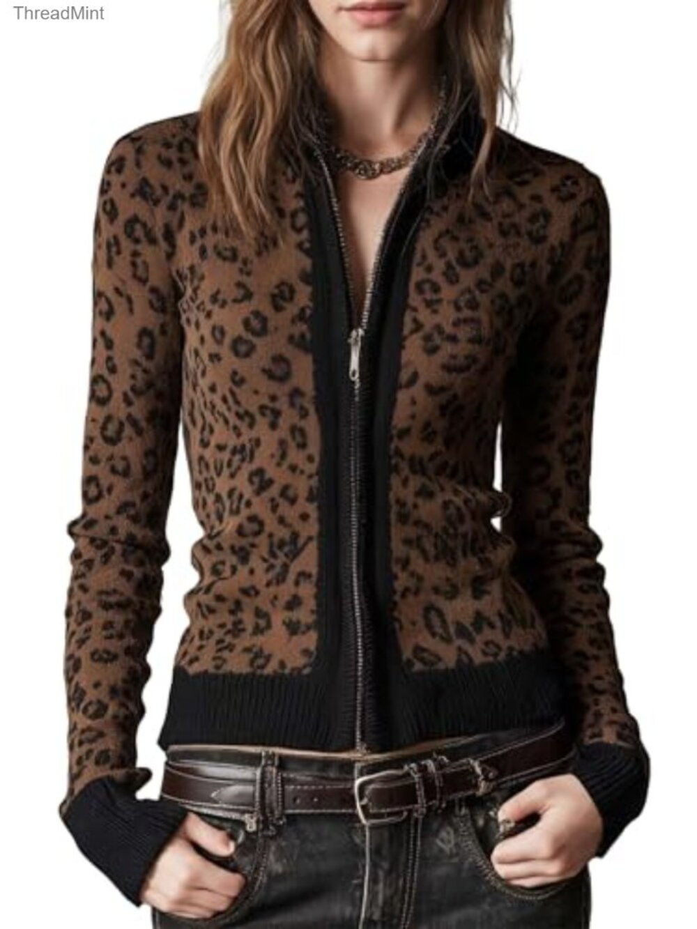 Women's Zip Up Leopard Cardigan Slim Fit Color Block Sweater